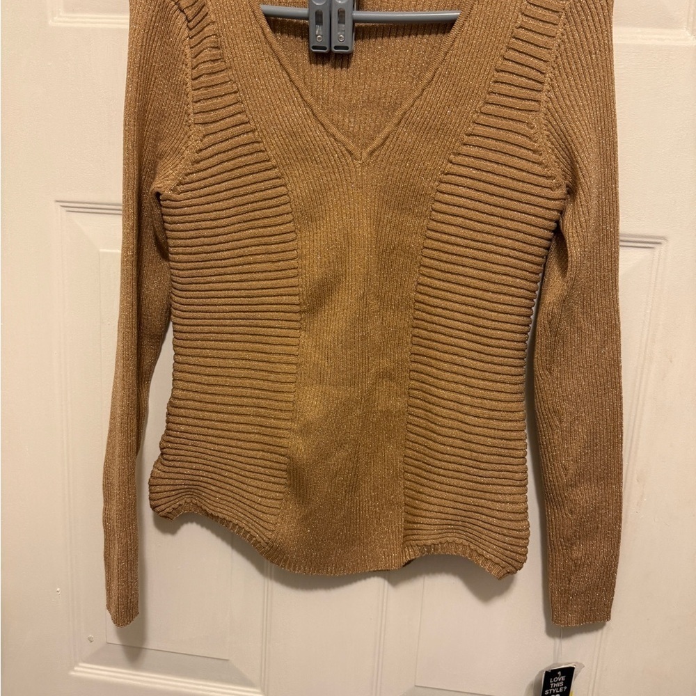 Women's Tan V-Neck Sweater is shiny and new. Perfect for the upcoming holiday